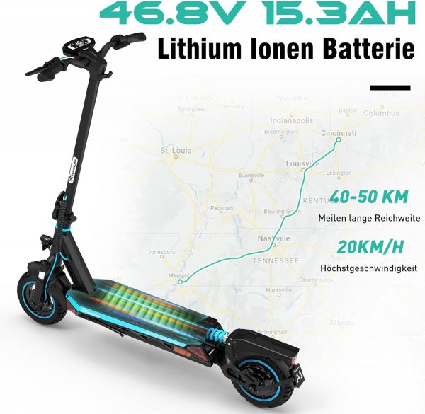 EVERCROSS A1 Blau E Scooter mit Straßenzulassung, 10'' Faltbarer Vakuumreifen Electric Scooter ABE, Elektroroller Erwachsene mit App & LED Display, 500W Motor, 15,3AH Batterie, 50-55 KM, Duales Bremssystem – Bild 3