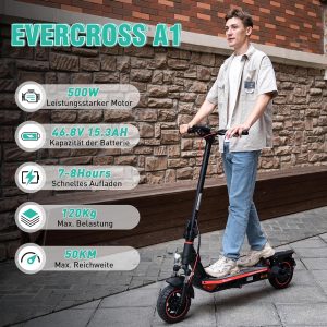 Alternative view of EVERCROSS A1 Rot E Scooter mit Straßenzulassung, 10'' Faltbarer Vakuumreifen Electric Scooter ABE, Elektroroller Erwachsene mit App & LED Display, 500W Motor, 15,3AH Batterie, 50-55 KM, Duales Bremssystem